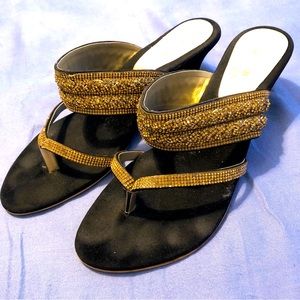 Borjan Wedge Open Toe Sandals Black Velvet & Gold Diamantés Size 40